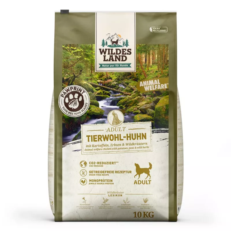 Wildes Land Trockenfutter Tierwohl-Huhn mit Kartoffeln, Erbsen & Wildkräutern 10kg